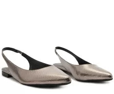 Sapatilha Slingback Bico Fino Textura Prata Grafite